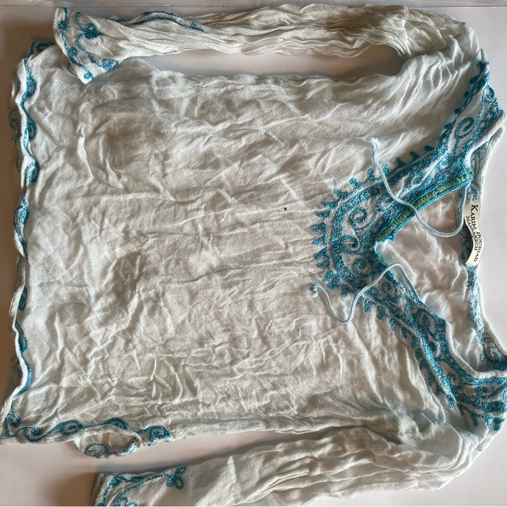 White and Blue Embroidered Women's Top